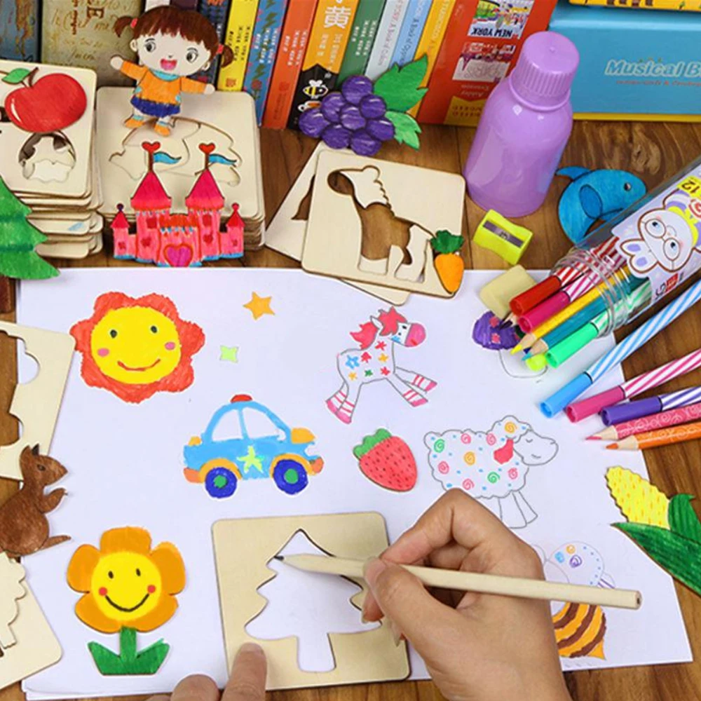 100 шт Детские деревянные игрушки для рисования, трафареты для рисования, шаблоны для раскрашивания, Детские Креативные Игрушки для раннего обучения