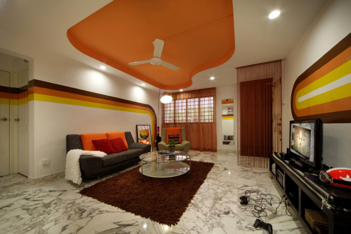 двухцветный гипсокартонный потолок в зале
