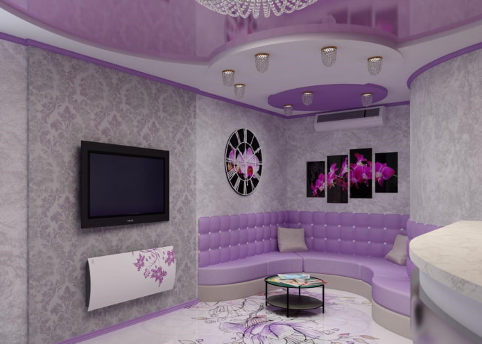потолок фиолетового цвета с серыми стенами