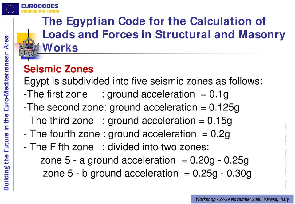 1g -The second zone: ground acceleration = 0.125g - The third zone : ground acceleration = 0.