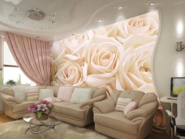 Фотообои с розами на стенах жилого помещения создадут уютную, романтическую атмосферу