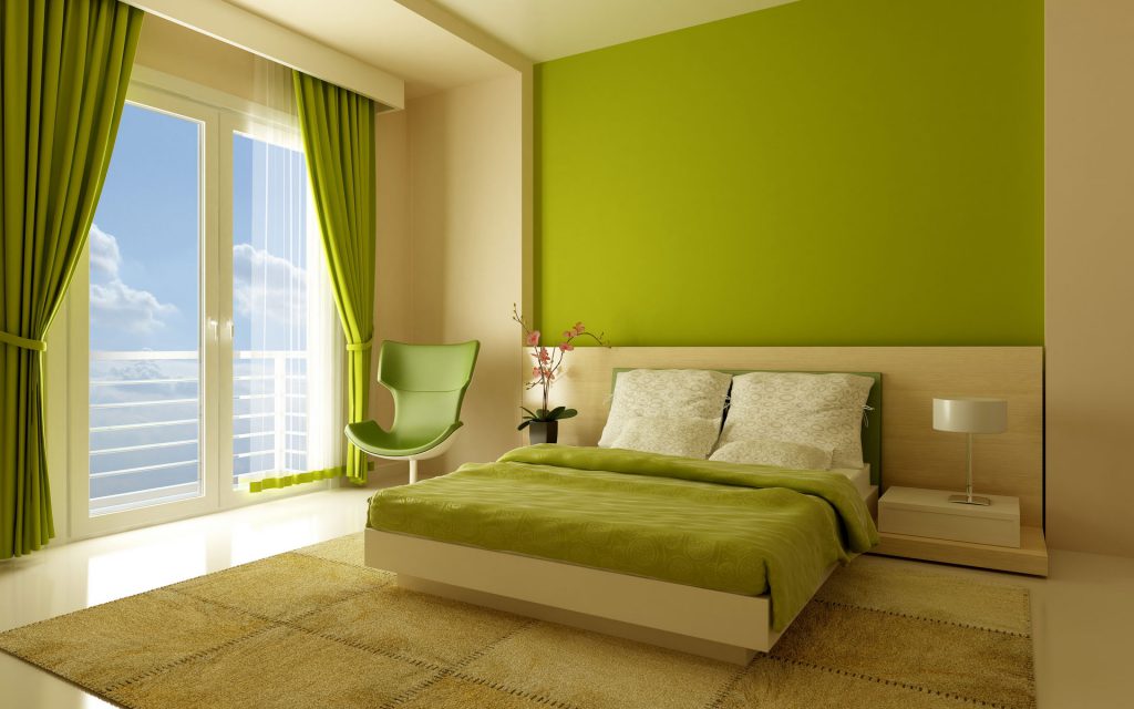Зеленый и кремовый цвета в интерьере спальни