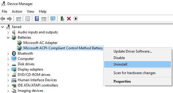 uninstall the microsoft acpi-compliant control method battery 